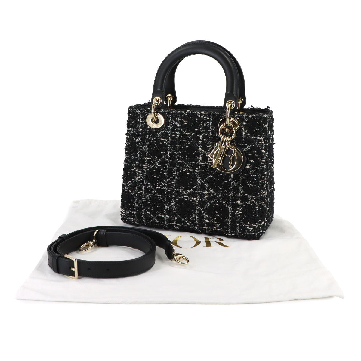 Lady D-Lite Medium Hand Shoulder Bag Tweed Black
