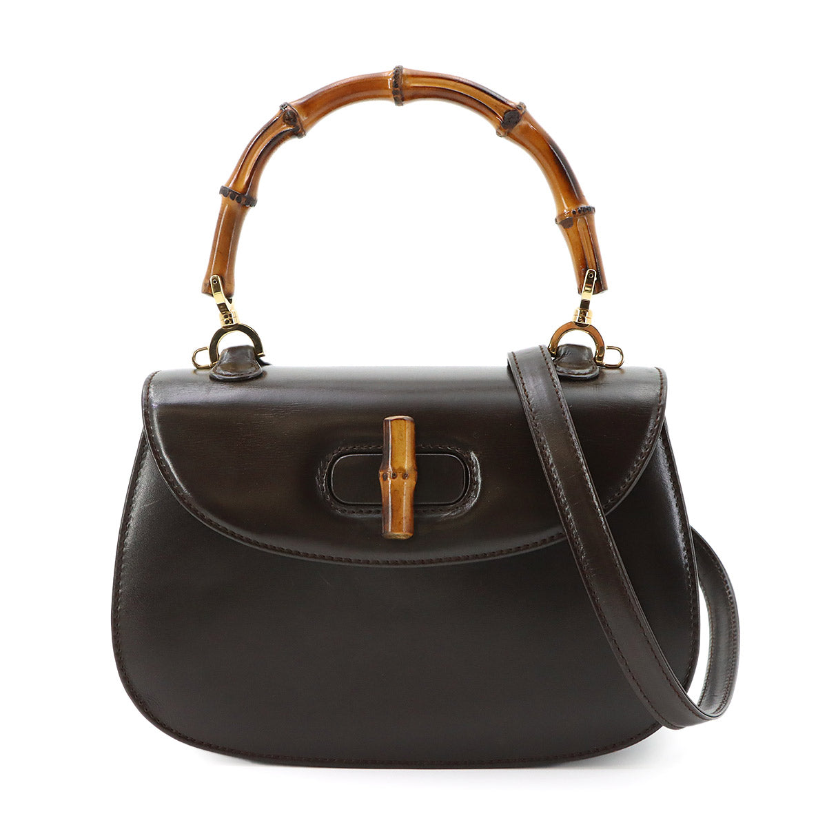 Bamboo 2way Hand Shoulder Bag Leather Brown Purse