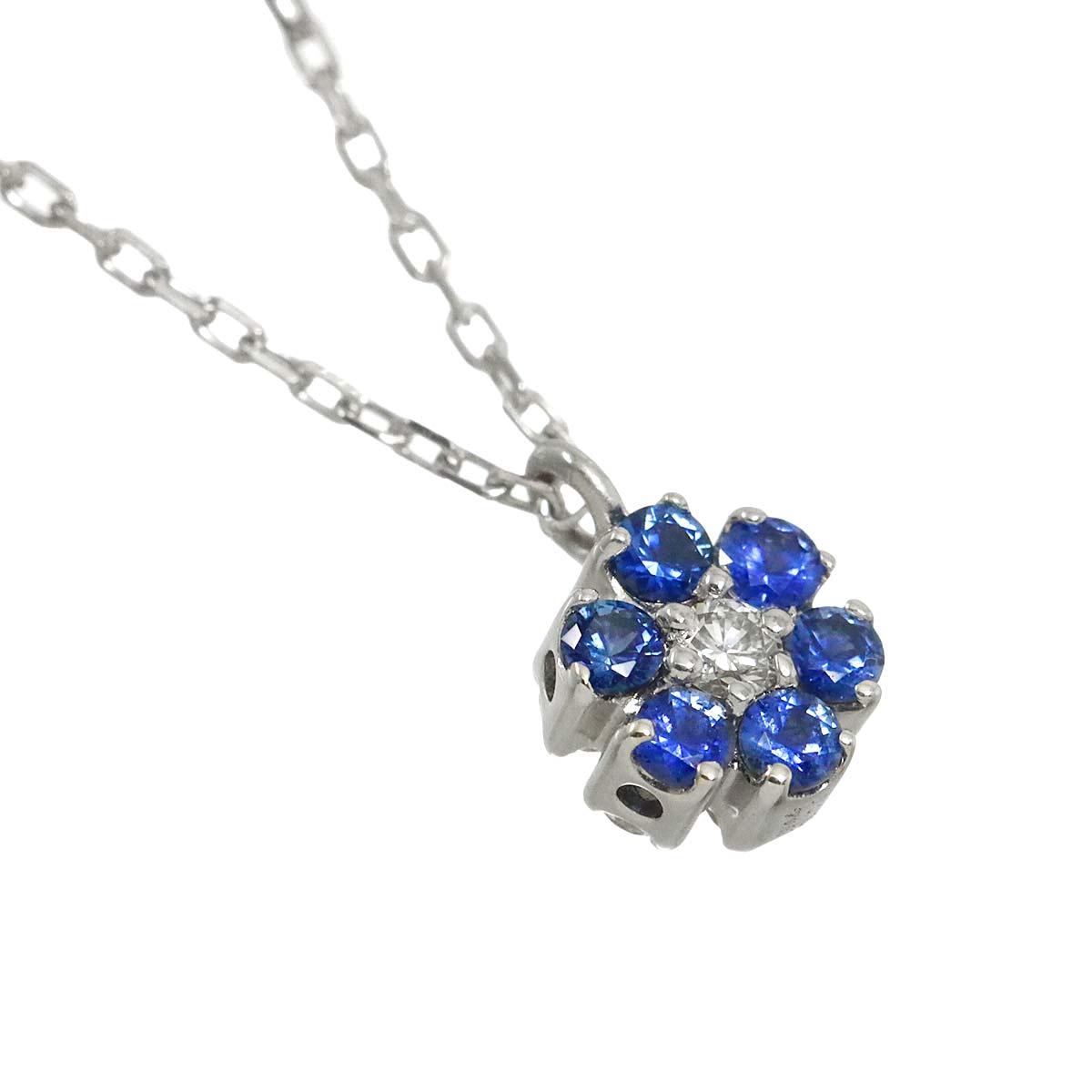 Flower Motif Diamond 0.11ct Sapphire Necklace 18K WG 750