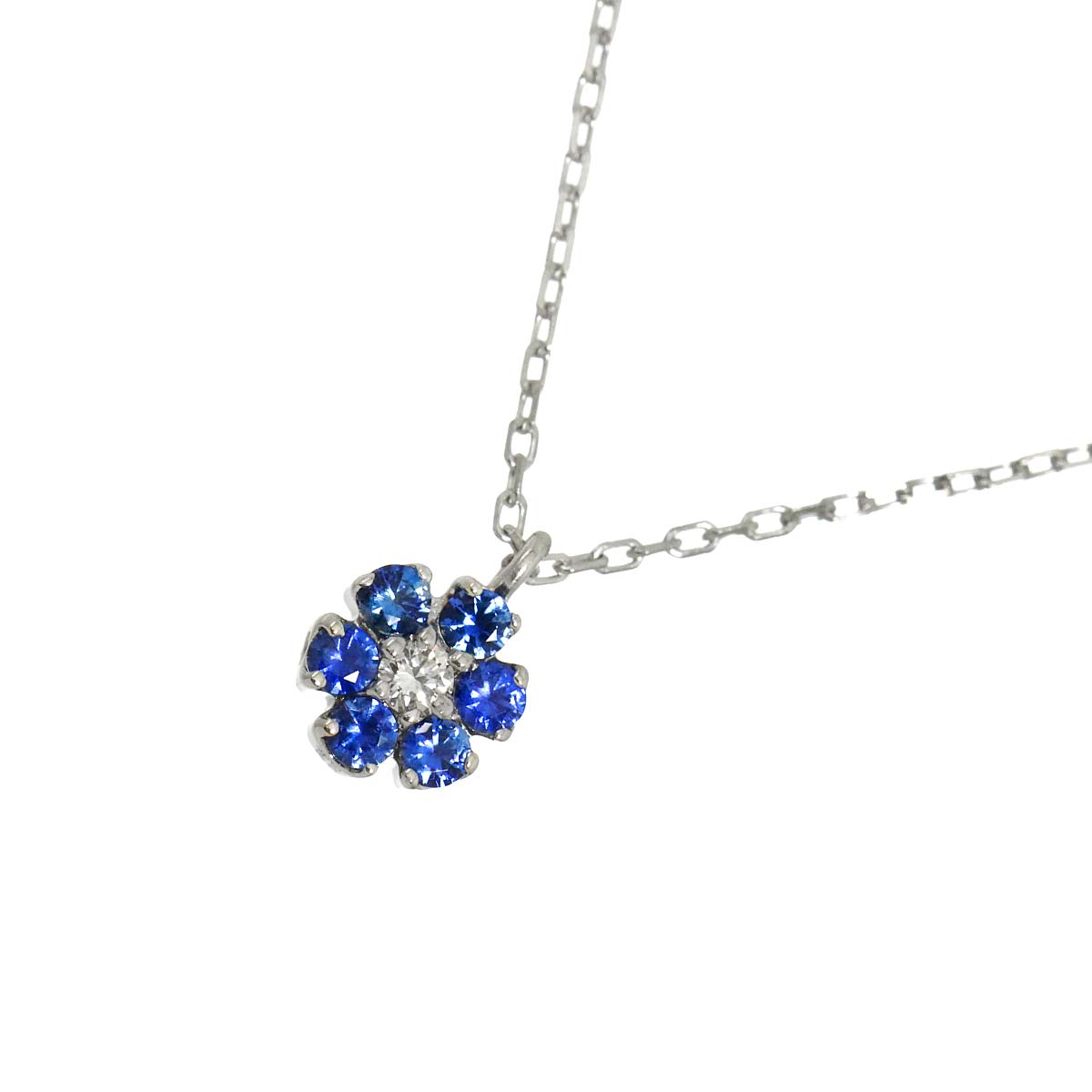 Flower Motif Diamond 0.11ct Sapphire Necklace 18K WG 750