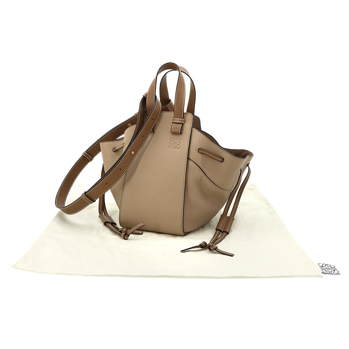 Hammock Drawstring Small Hand Shoulder Bag Leather Beige Brown