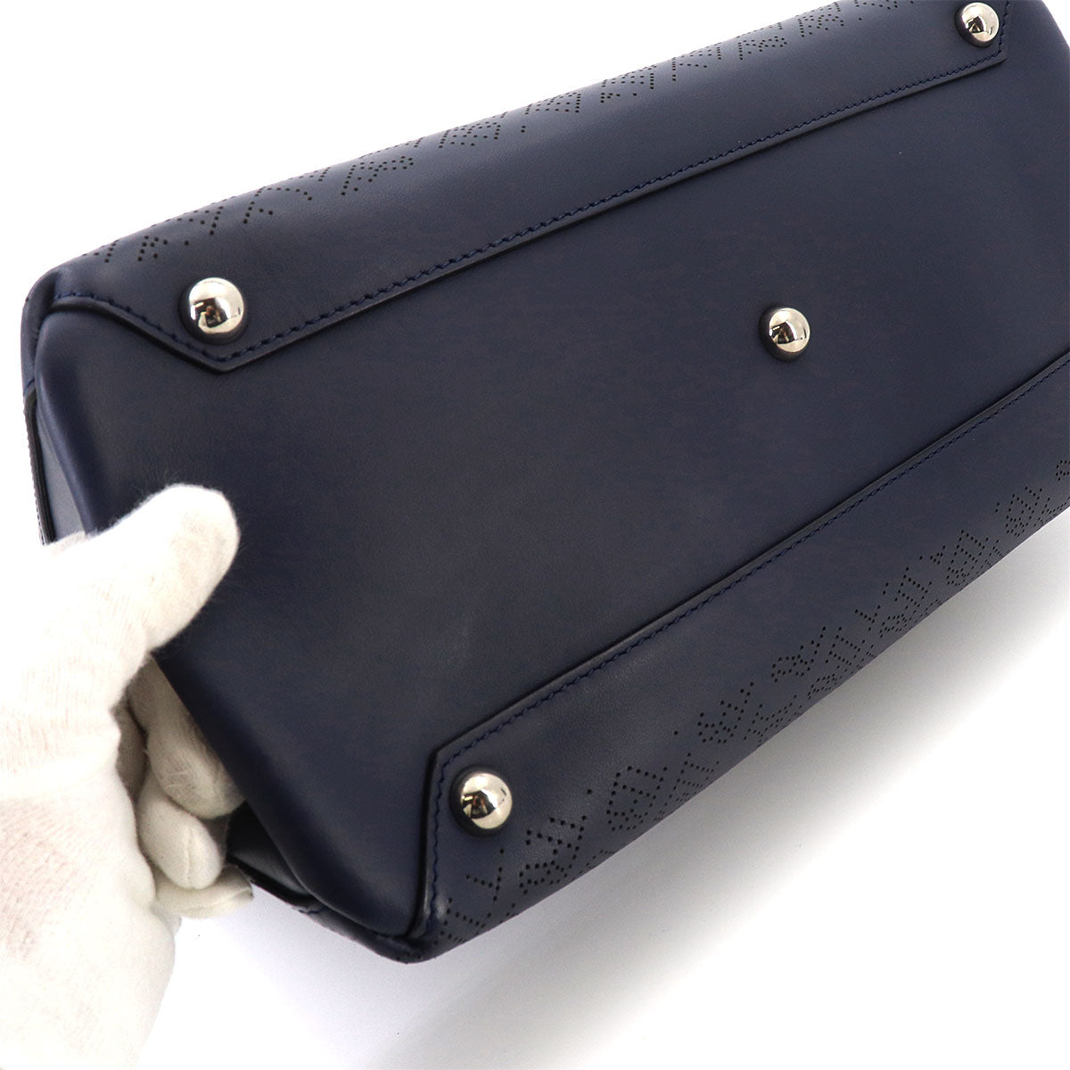 Hand Shoulder Bag Leather Navy Logos