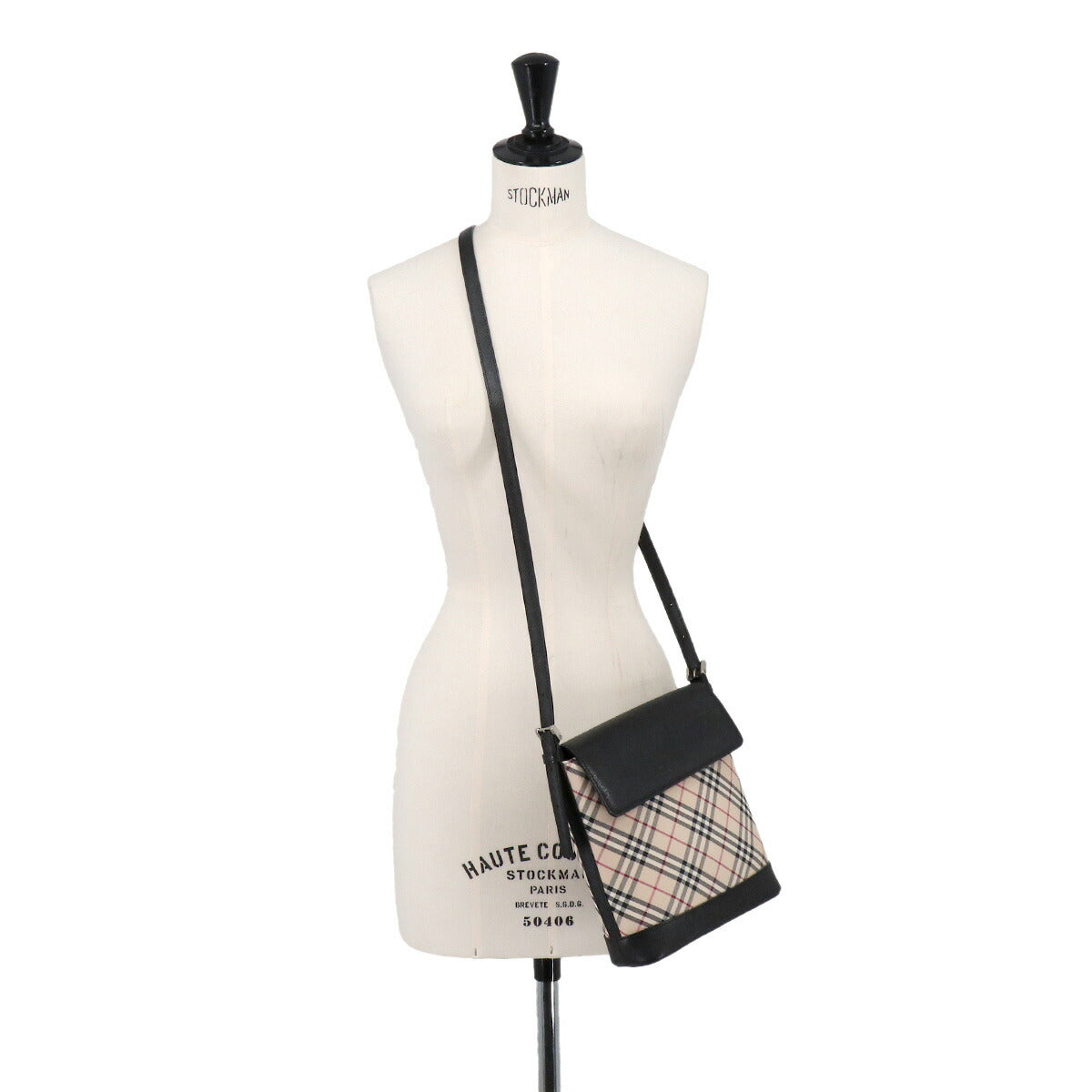Plaid Shoulder Bag Canvas Leather Beige Black Purse