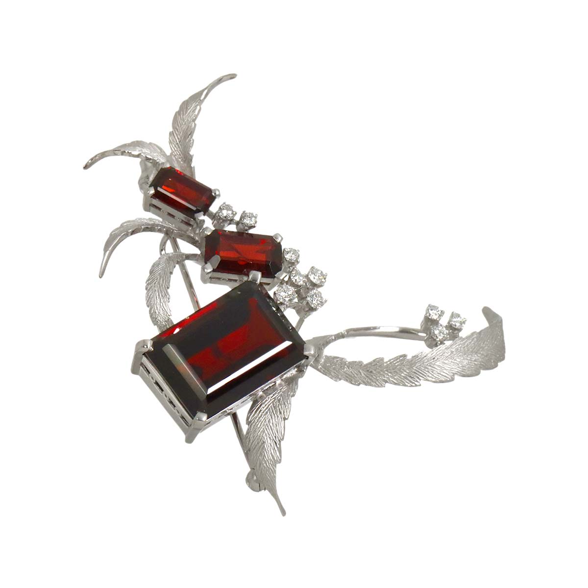Garnet Diamond Brooch 14K White Gold 585