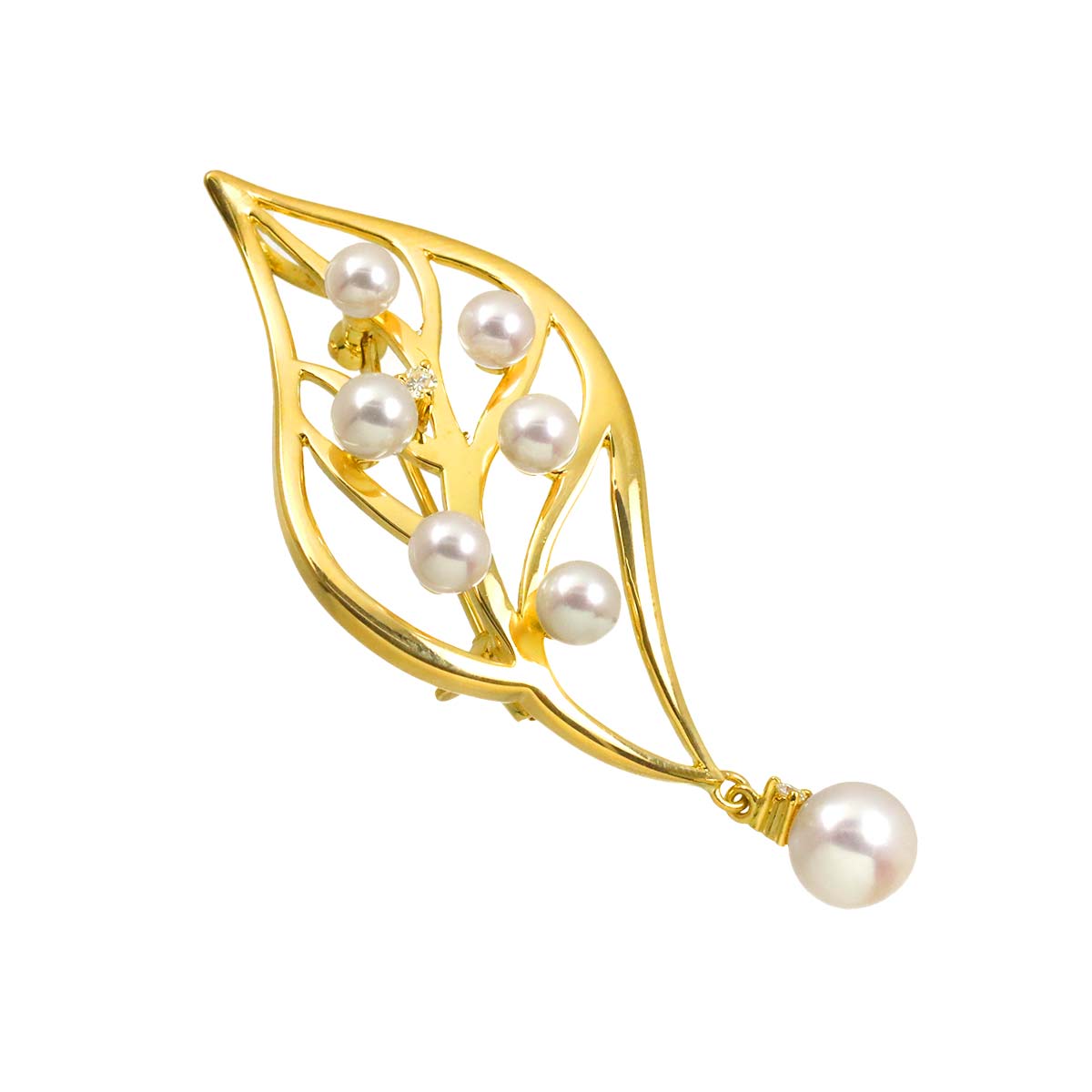 Akoya pearl 6.4-3.7mm Diamond Brooch 18K Yellow Gold 750
