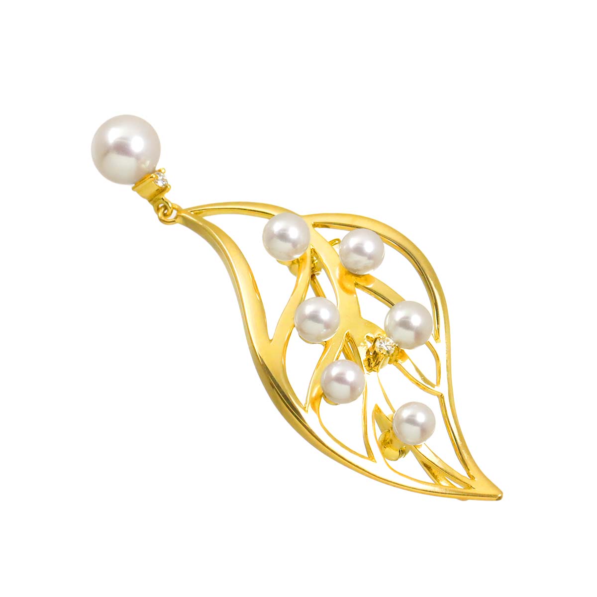 Akoya pearl 6.4-3.7mm Diamond Brooch 18K Yellow Gold 750