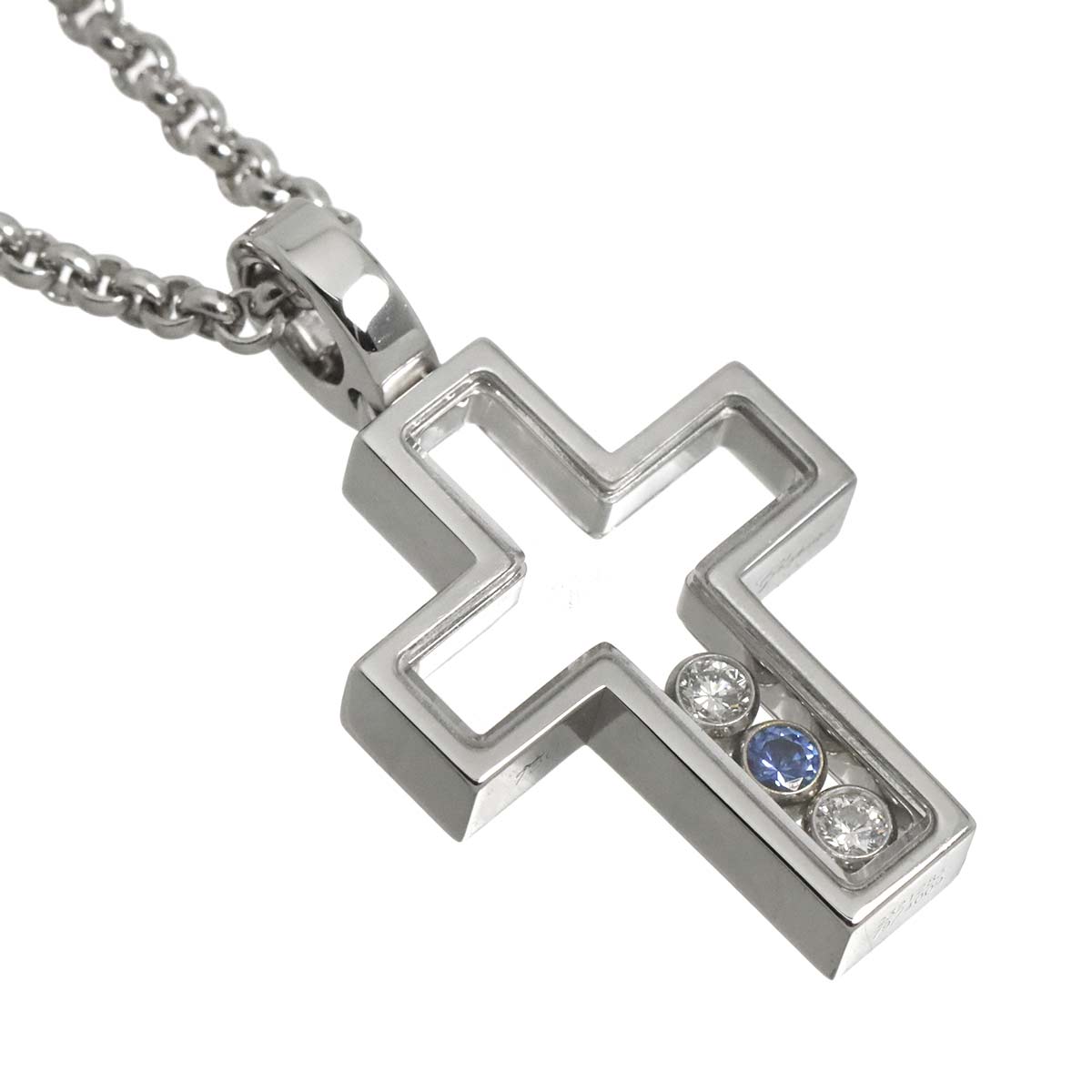Happy Diamond Sapphire Cross Necklace 18K WG 750