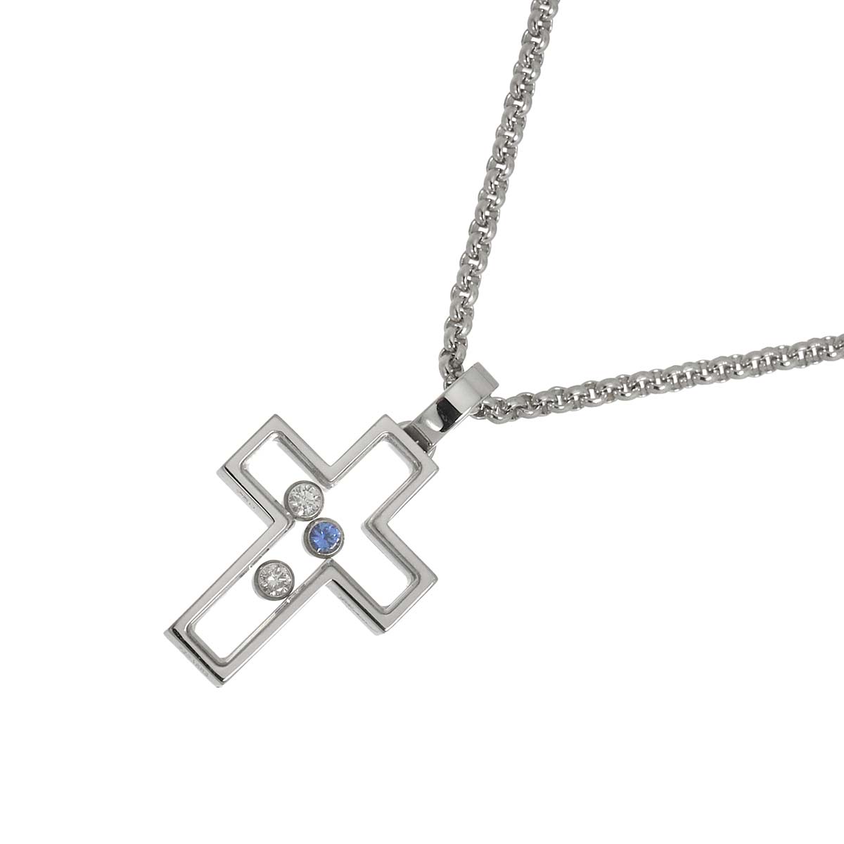Happy Diamond Sapphire Cross Necklace 18K WG 750
