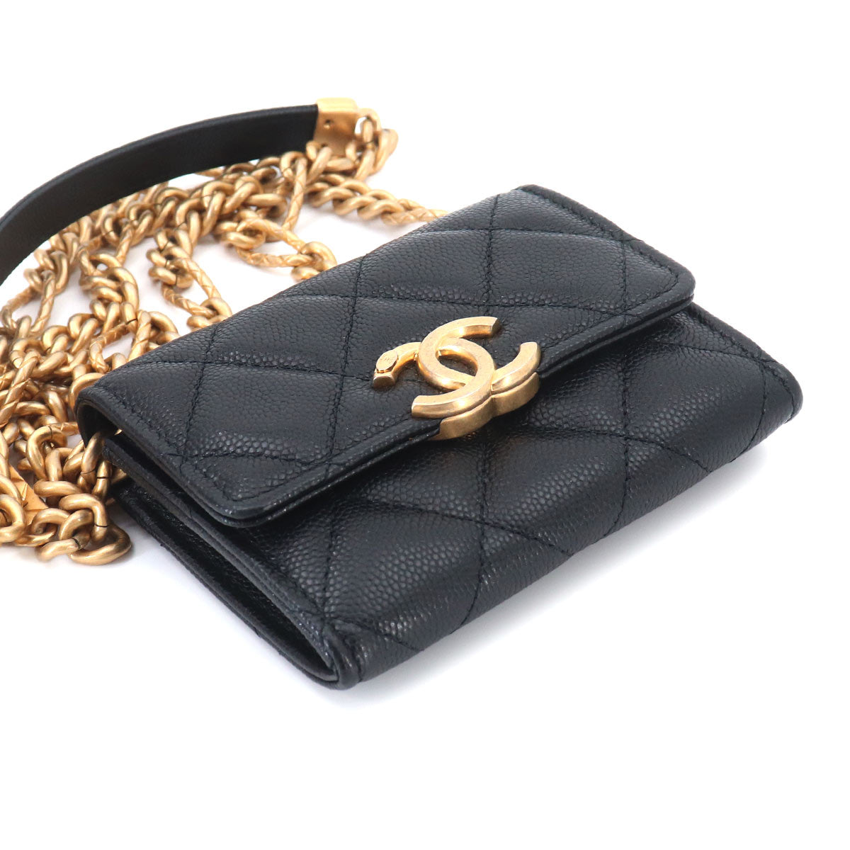 Matelasse Bracelet On Chain Shoulder Card Case Leather Black