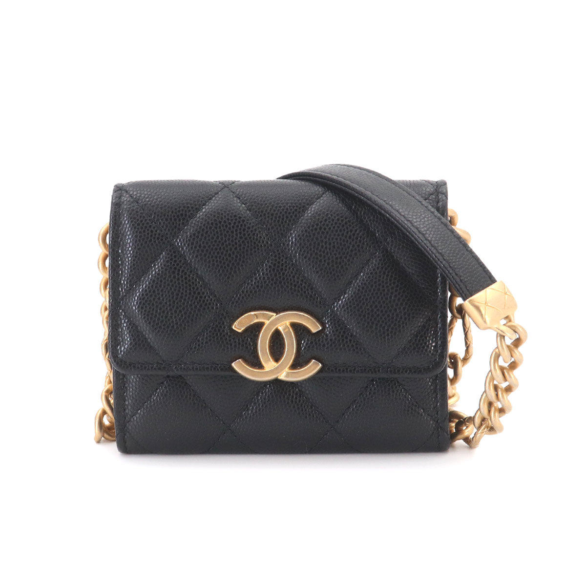 Matelasse Bracelet On Chain Shoulder Card Case Leather Black