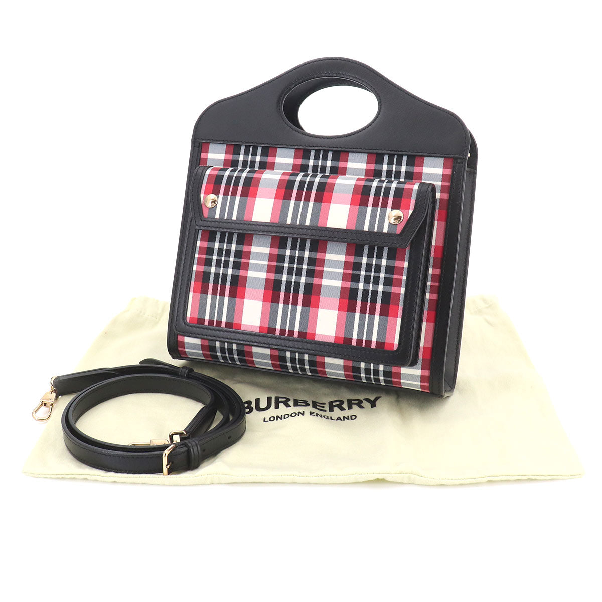 Check Mini Pocket Bag Hand Shoulder Bag Leather Nylon Black