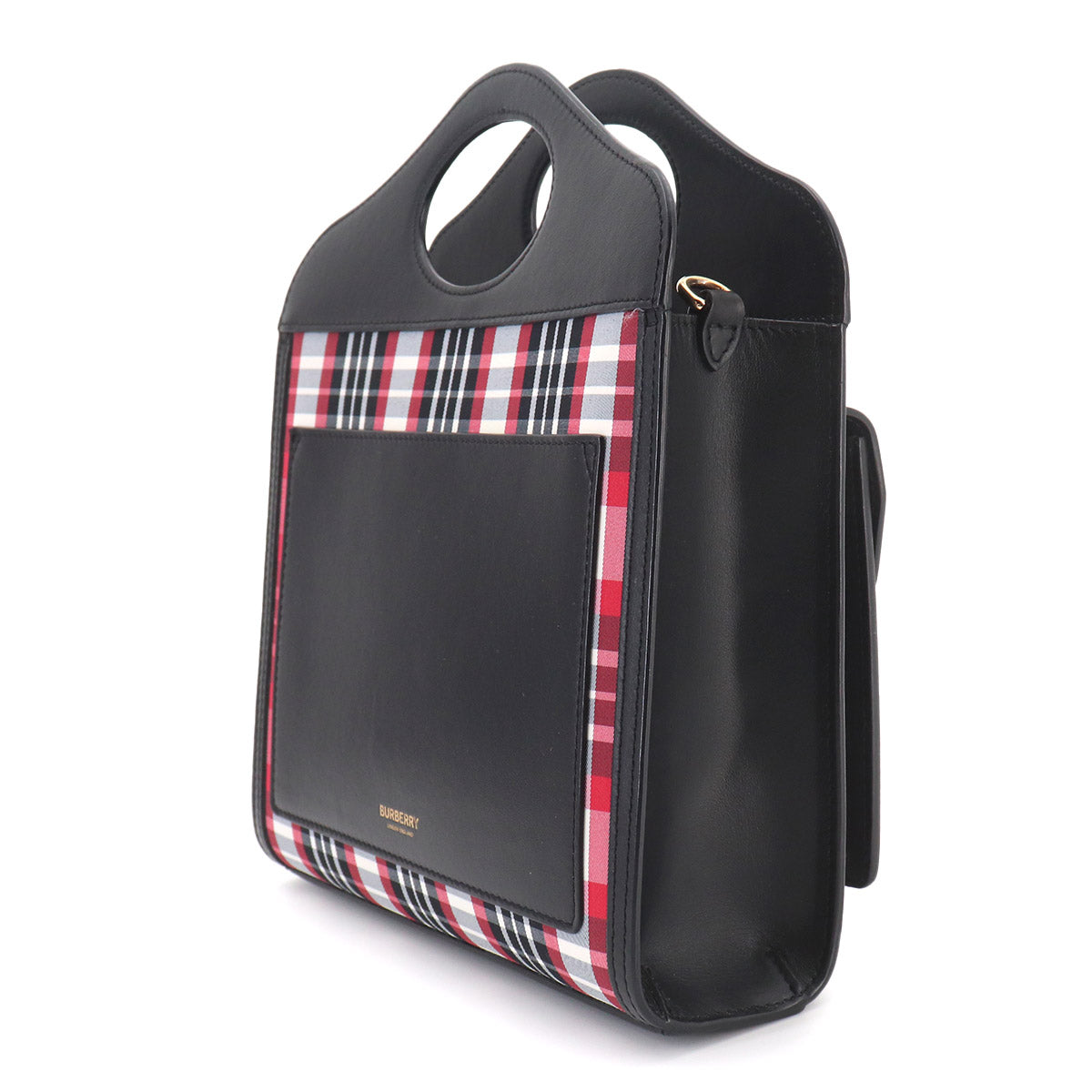 Check Mini Pocket Bag Hand Shoulder Bag Leather Nylon Black