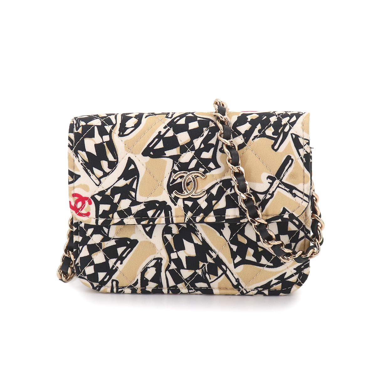 Matelasse MiniMin Chain Shoulder Bag Canvas Beige Checkered flag