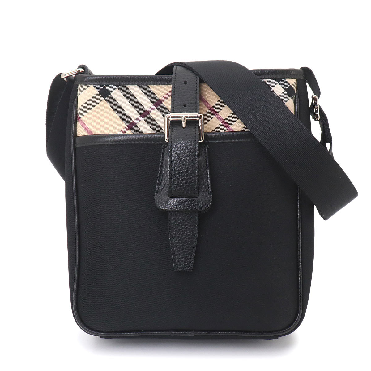 Plaid Shoulder Bag Canvas Leather Black Beige Purse
