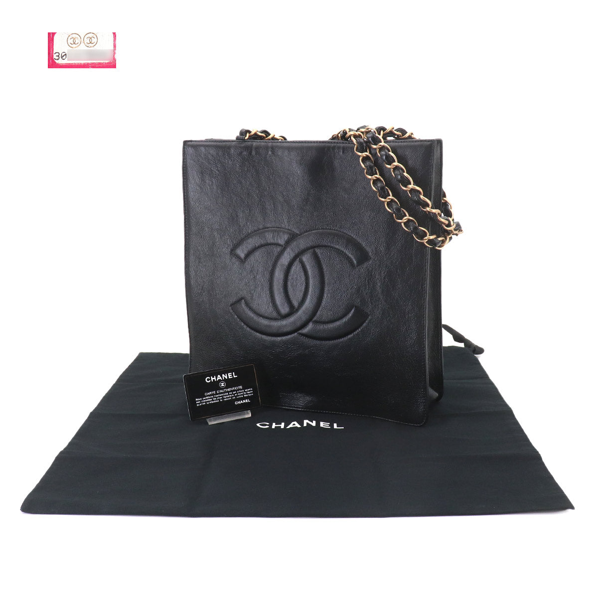 Coco Logos Chain Tote Bag Leather Black Purse