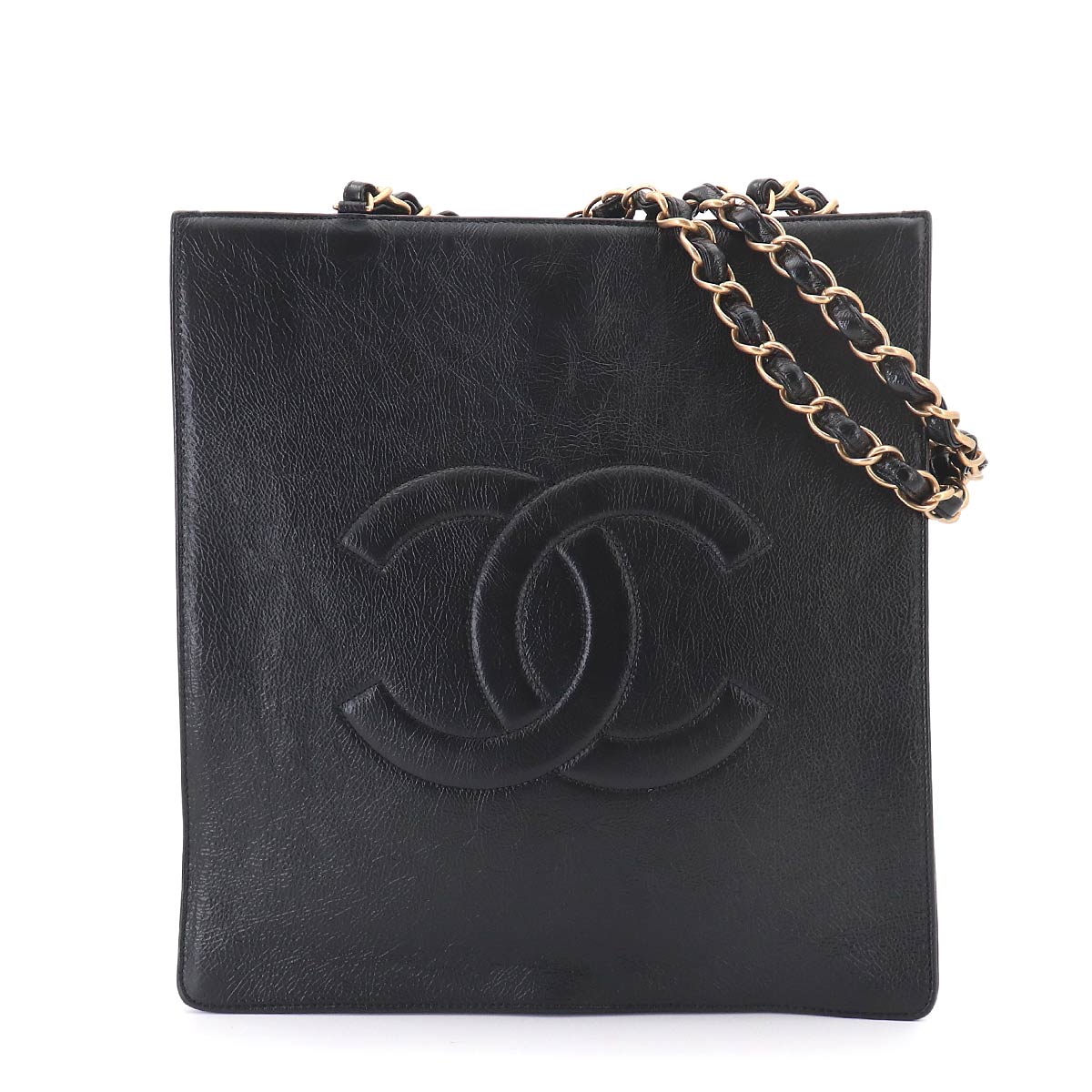 Coco Logos Chain Tote Bag Leather Black Purse