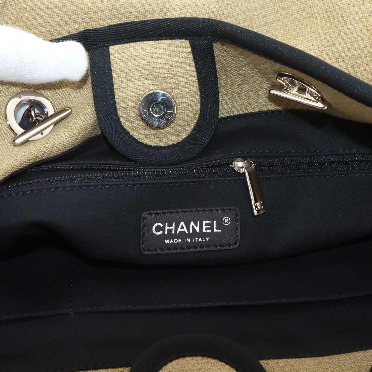 Deauville MM Chain Tote Bag Leather Beige Black A67001 Purse