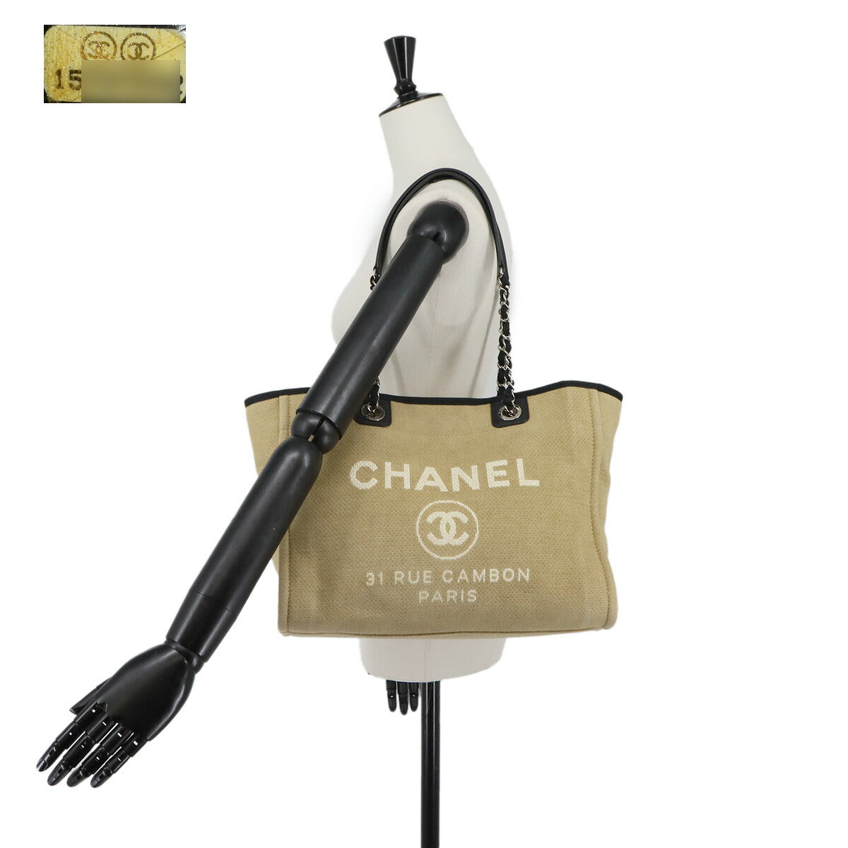 Deauville MM Chain Tote Bag Leather Beige Black A67001 Purse