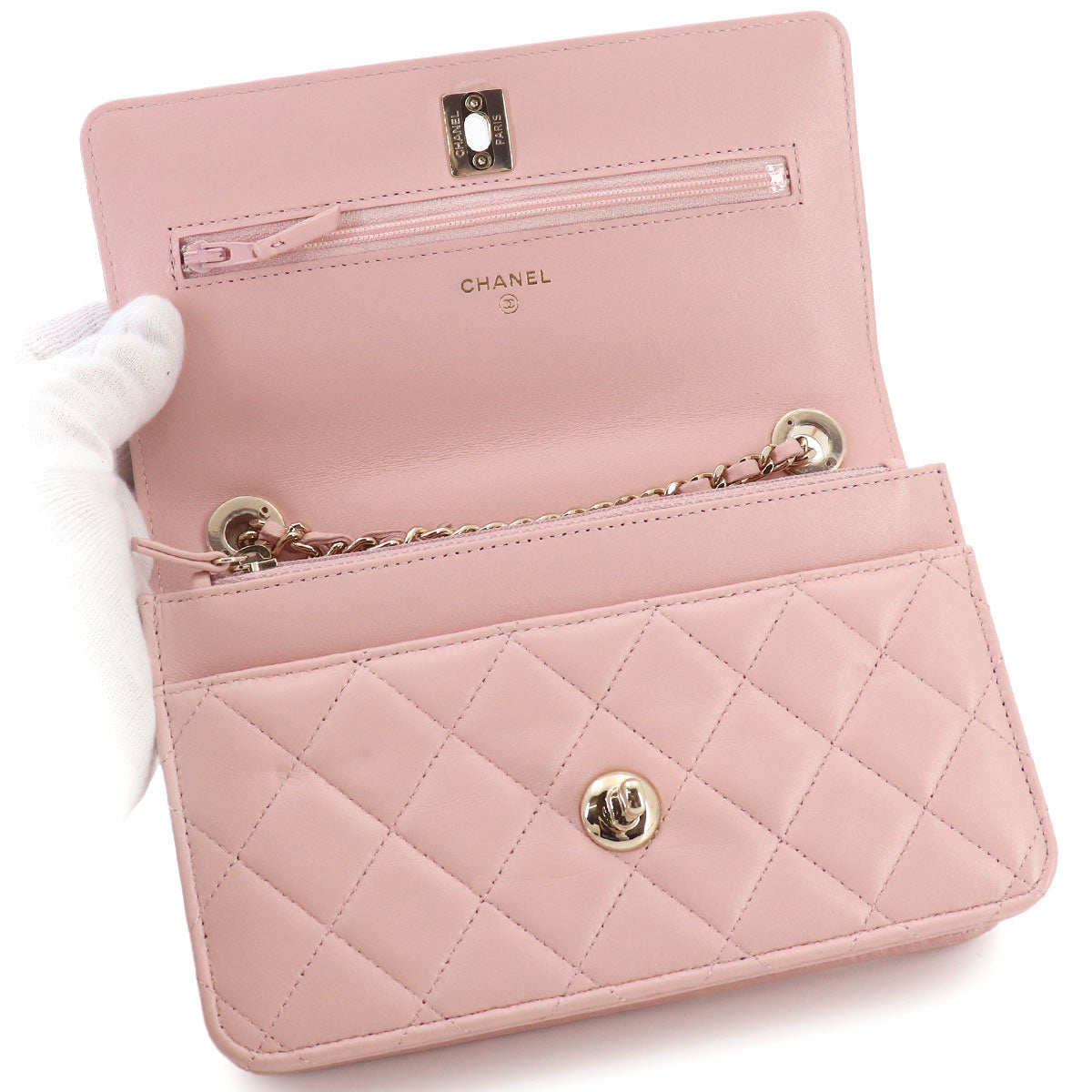 Trendy CC Matelasse Chain Long Wallet Leather Pink