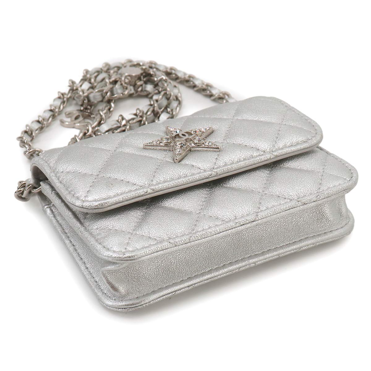 Matelasse Star Belt Bag Waist Pouch Leather Silver Rhinestone