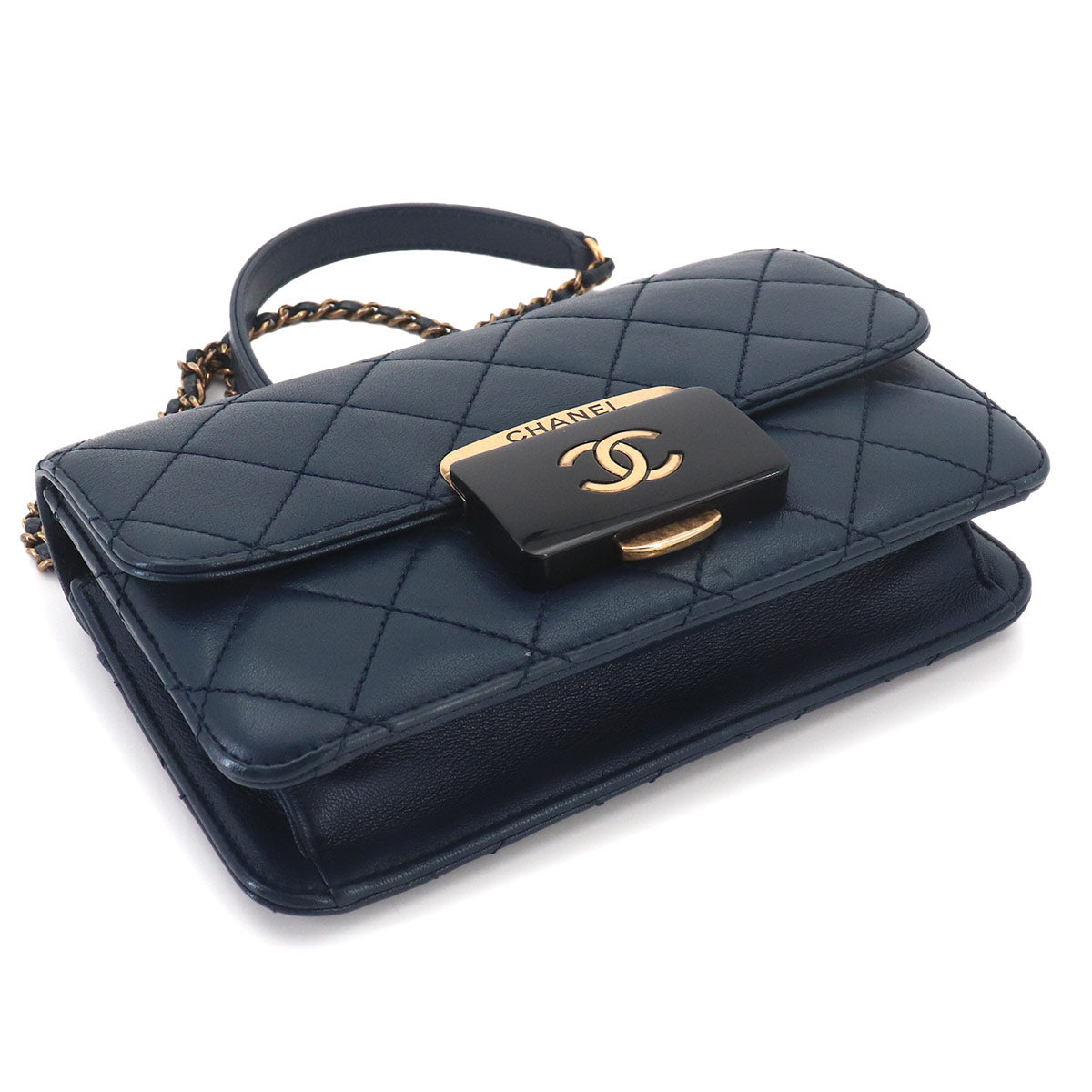 Beauty Lock Chain Shoulder Bag Leather Navy A93221