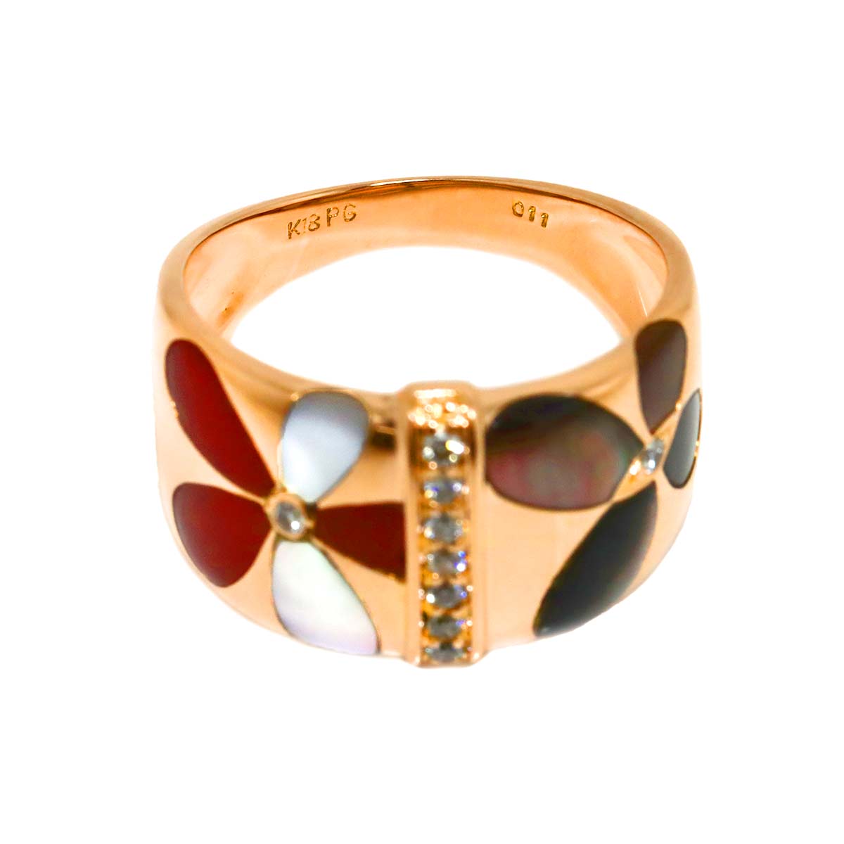 Diamond 0.11ct Carnelian MOP Ring 18K PG Pink Gold 750 Size7.5-7.75(US)