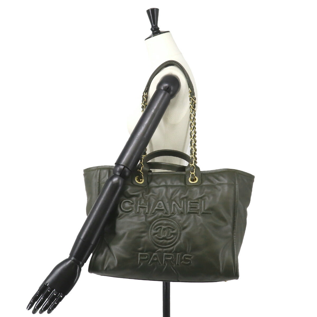 Deauville GM Tote Chain Shoulder Bag Leather khaki Purse