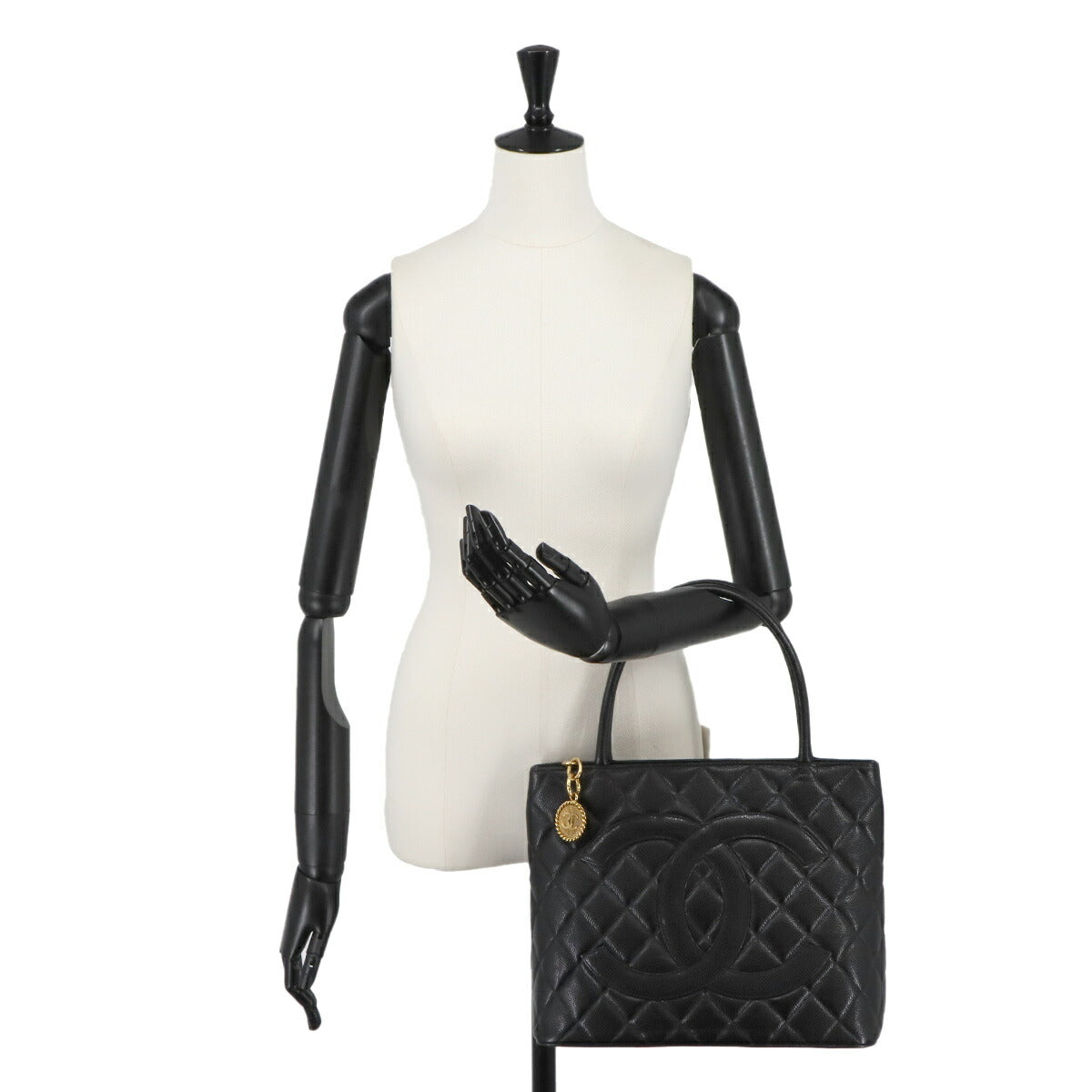 Medallion Tote Bag Leather Black A01804 Coco Logos Vintage