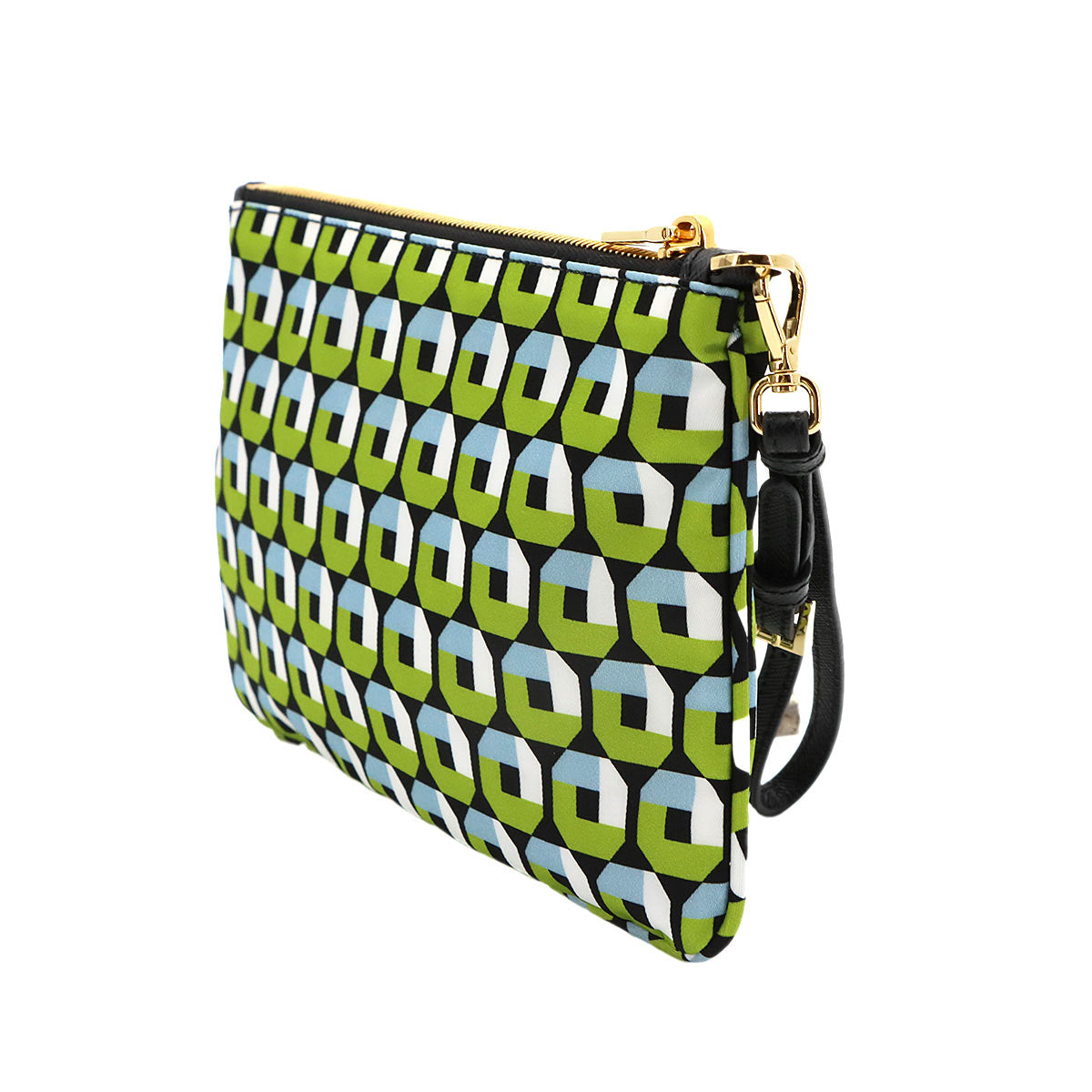 Pouch Nylon Saffiano Leather Green Blue Black Octagon Print