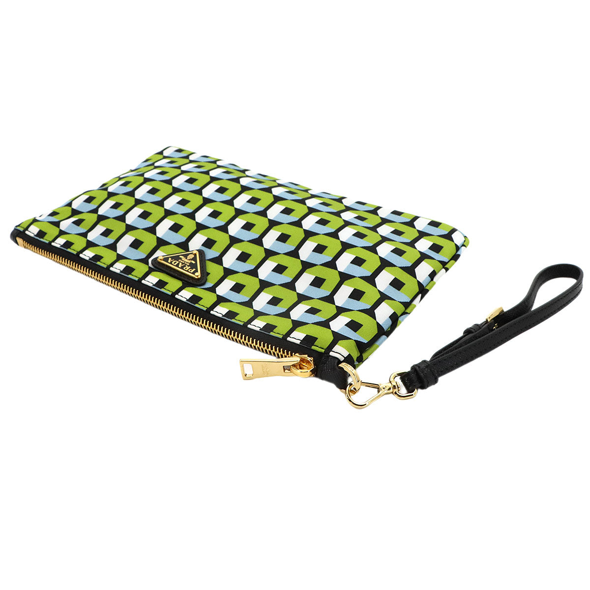 Pouch Nylon Saffiano Leather Green Blue Black Octagon Print