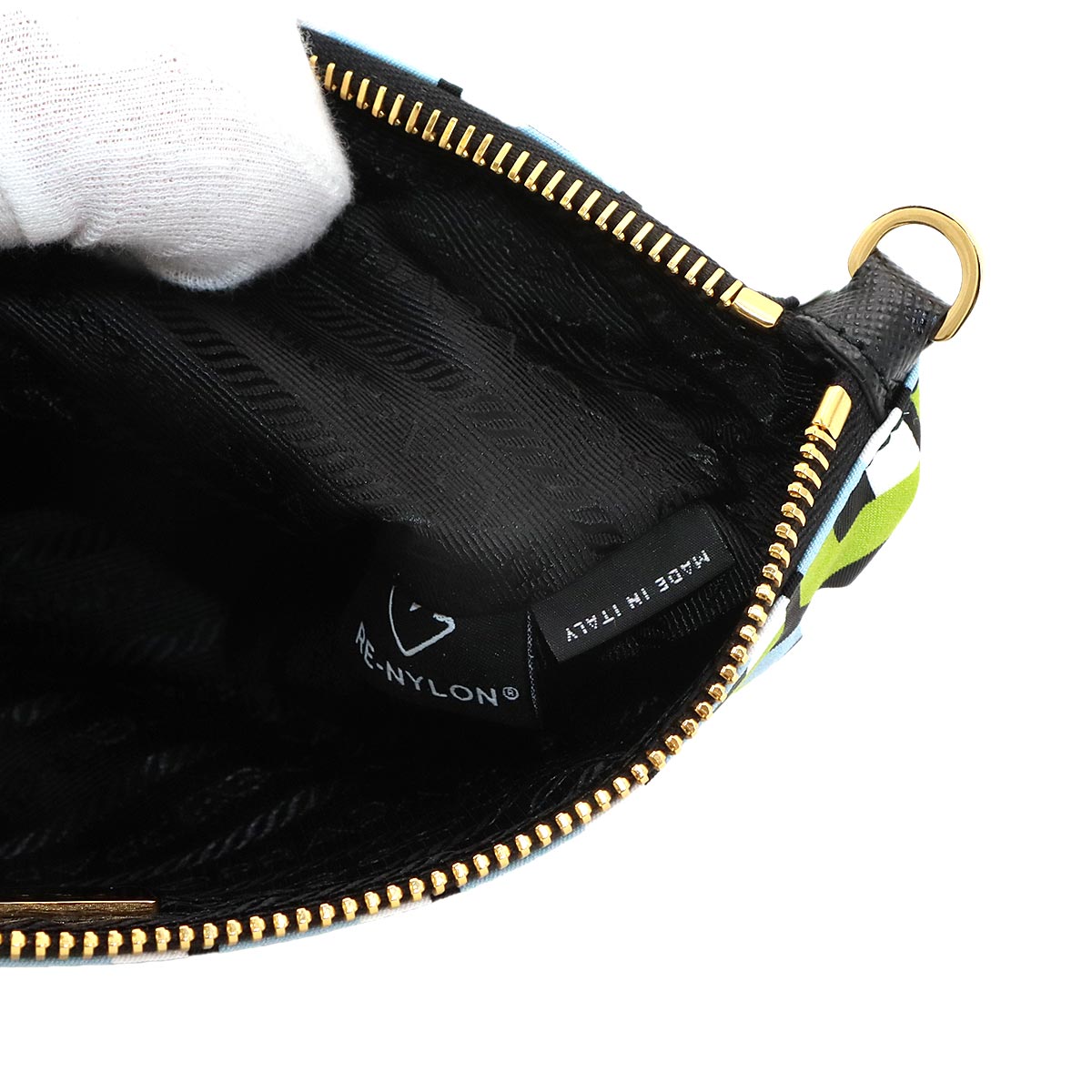 Pouch Nylon Saffiano Leather Green Blue Black Octagon Print