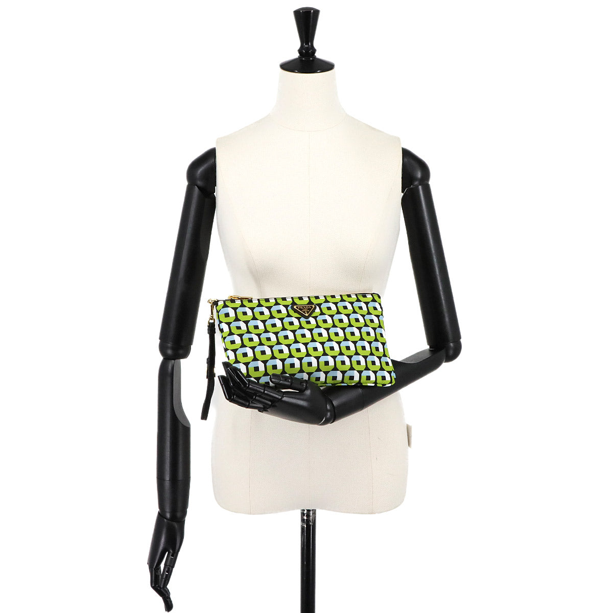 Pouch Nylon Saffiano Leather Green Blue Black Octagon Print
