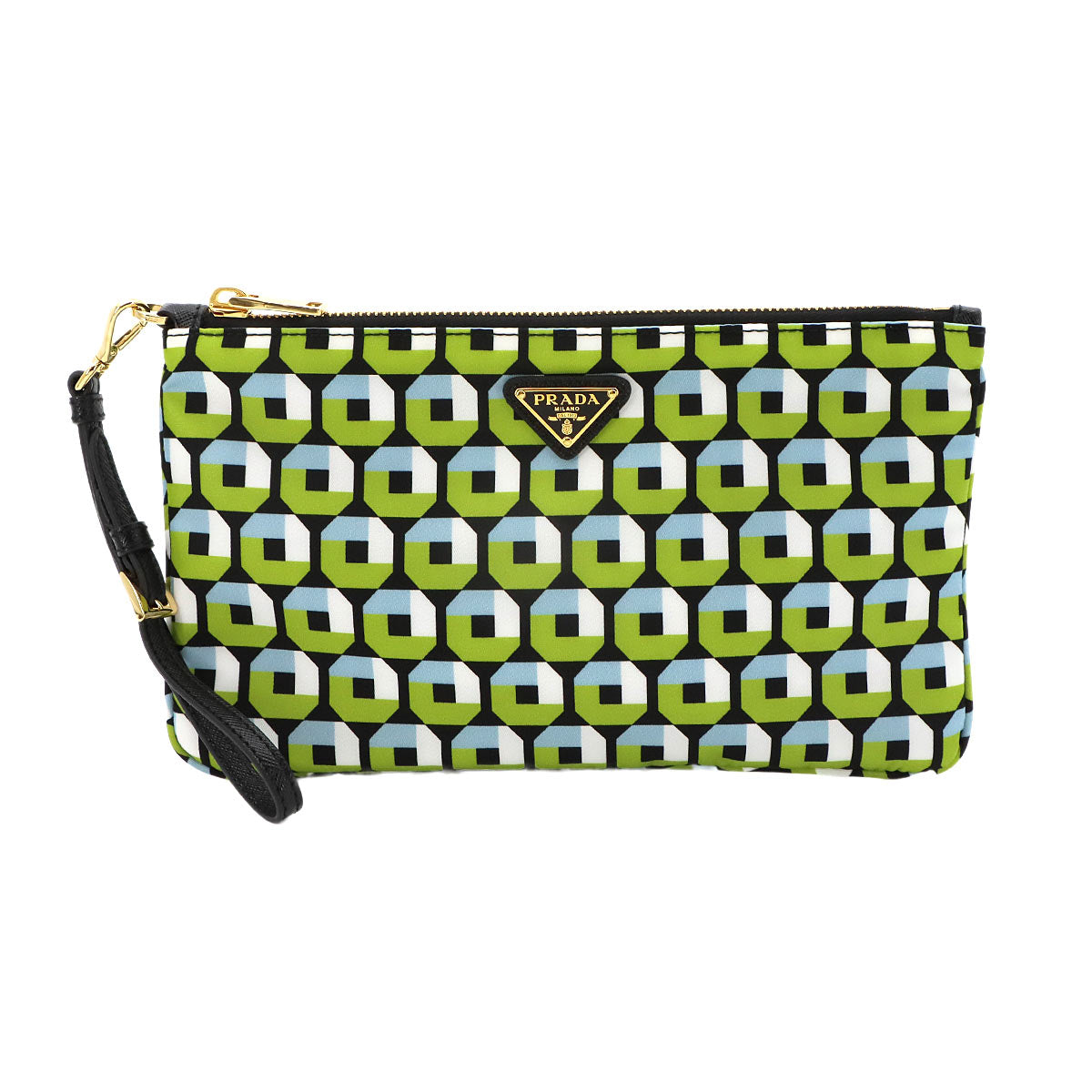 Pouch Nylon Saffiano Leather Green Blue Black Octagon Print
