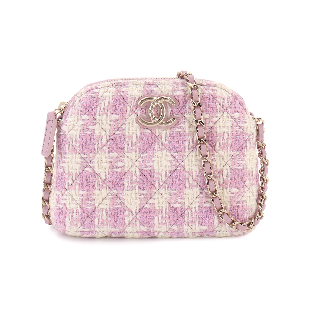 Matelasse Chain Shoulder Bag Tweed Leather Pink White