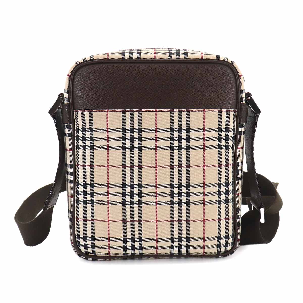 Plaid Shoulder Bag Canvas Leather Beige Brown Purse