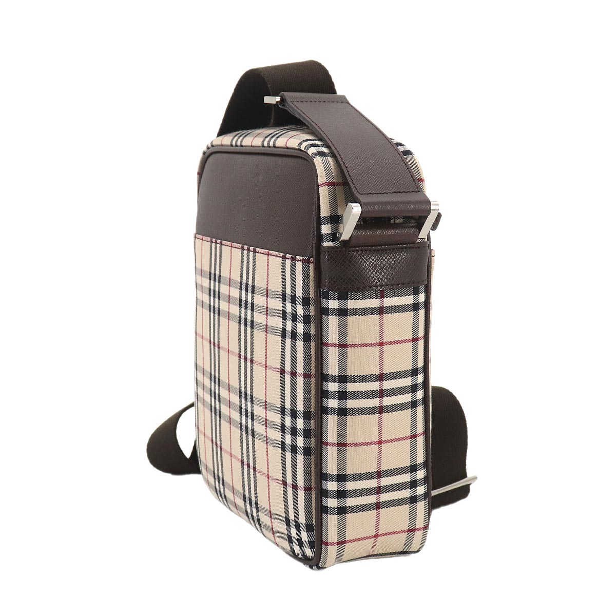 Plaid Shoulder Bag Canvas Leather Beige Brown Purse