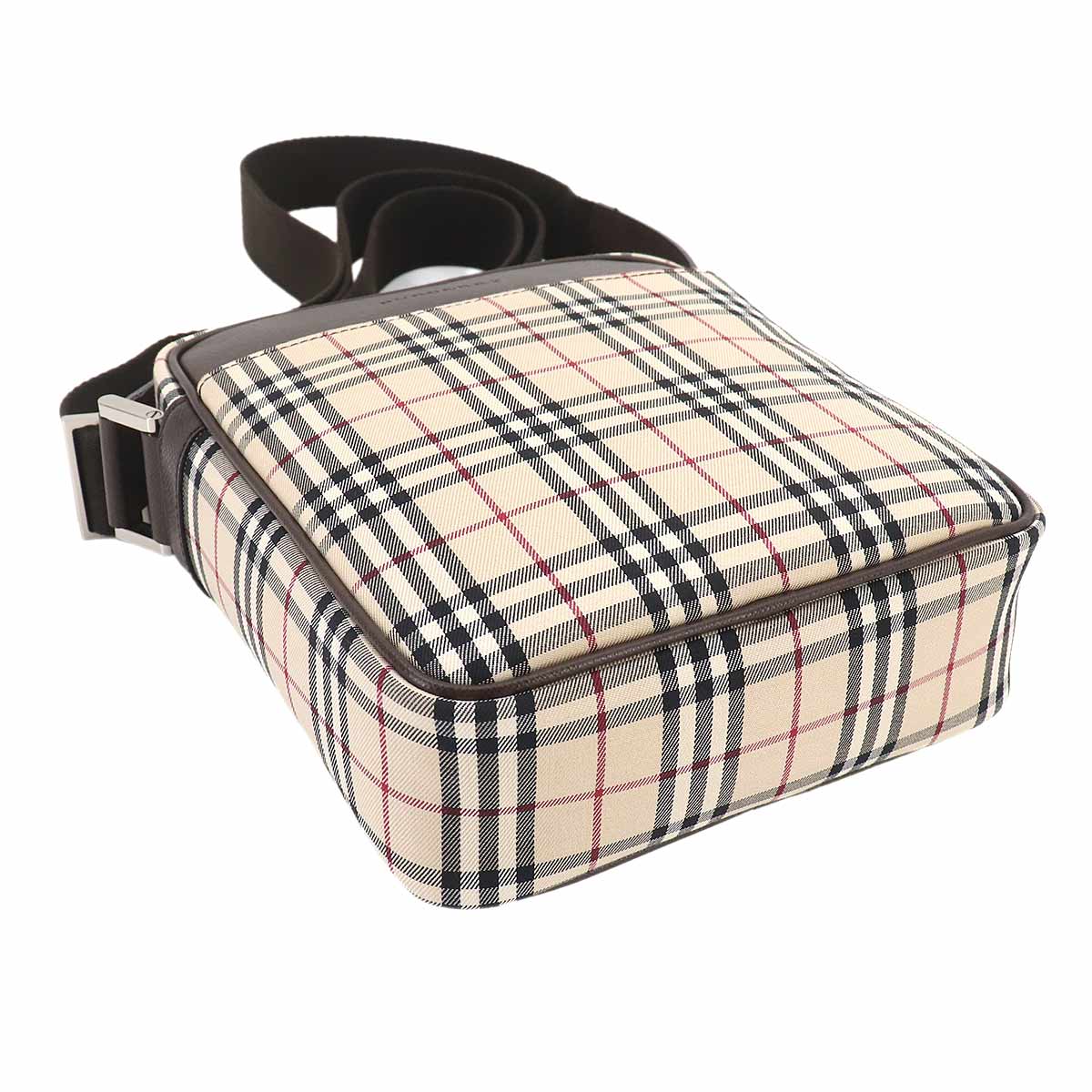 Plaid Shoulder Bag Canvas Leather Beige Brown Purse
