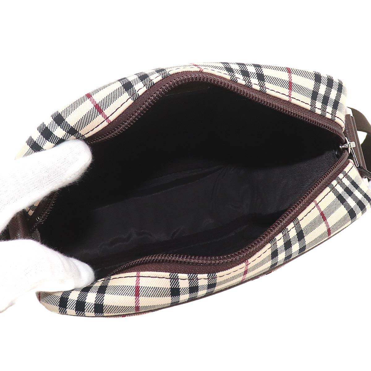 Plaid Shoulder Bag Canvas Leather Beige Brown Purse