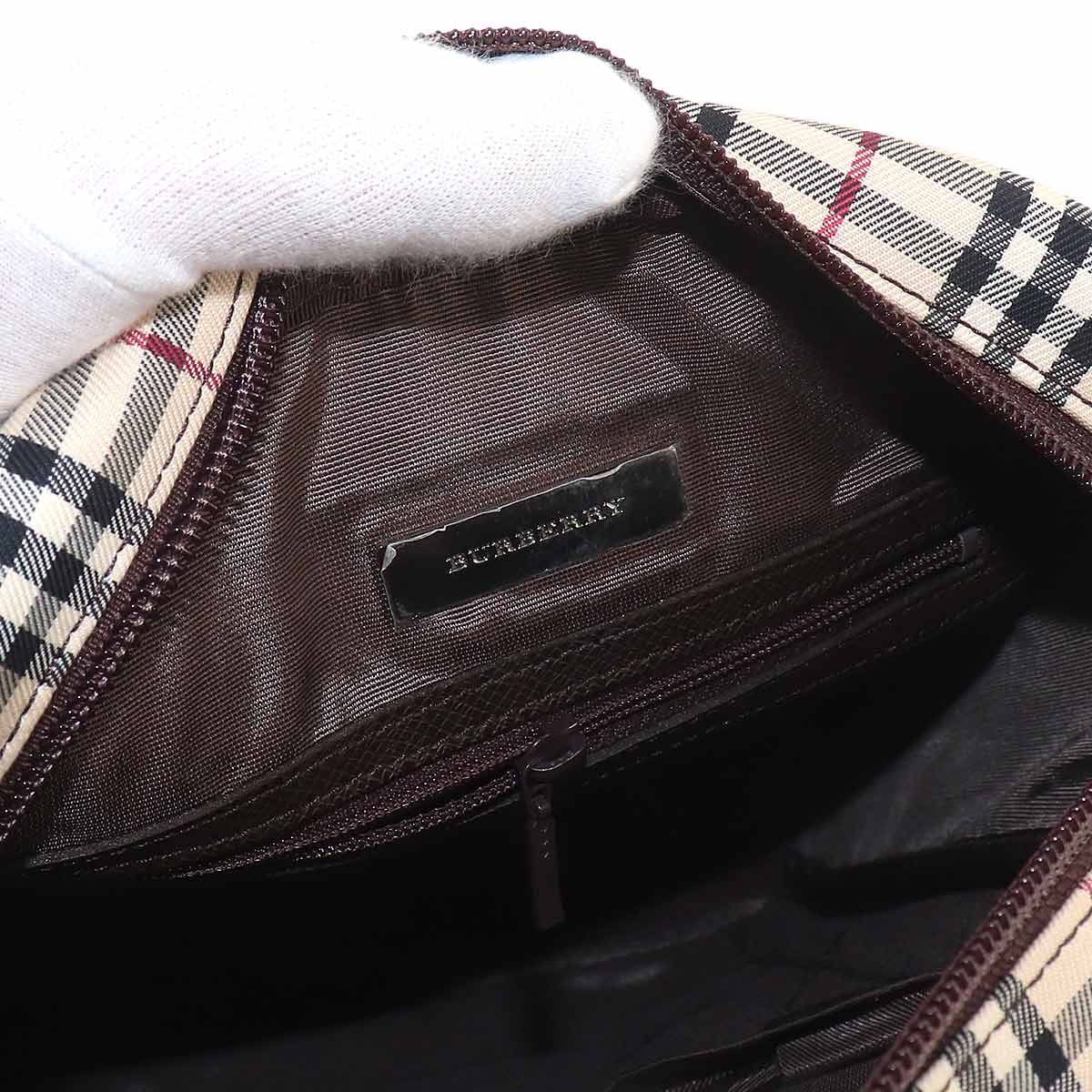 Plaid Shoulder Bag Canvas Leather Beige Brown Purse