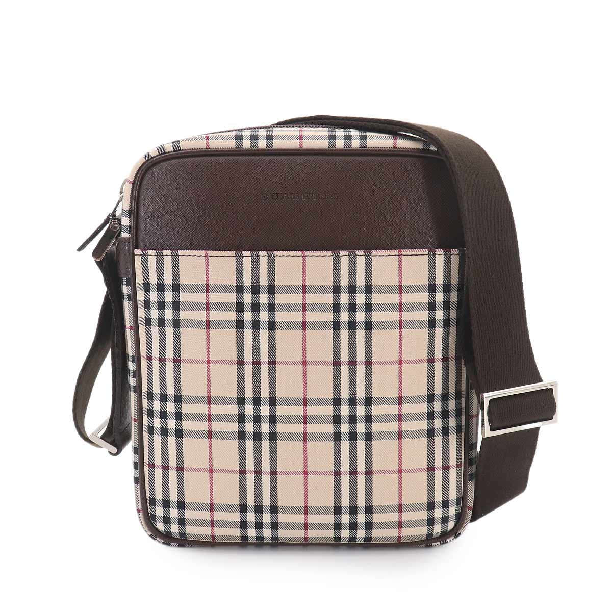 Plaid Shoulder Bag Canvas Leather Beige Brown Purse