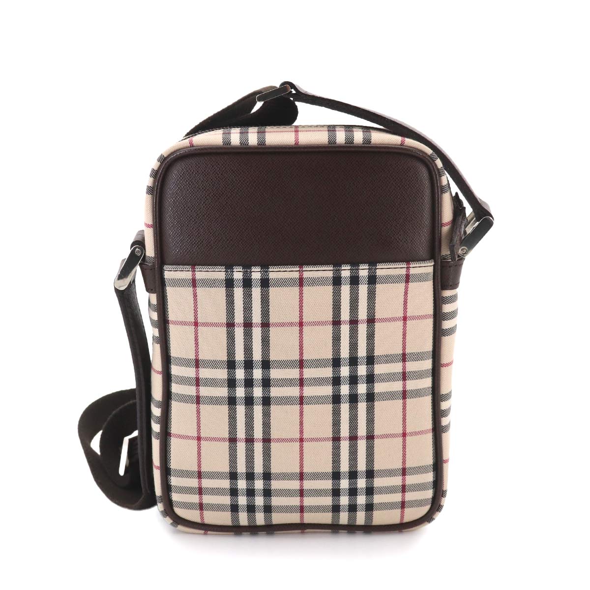 Plaid Shoulder Bag Canvas Leather Beige Brown Purse
