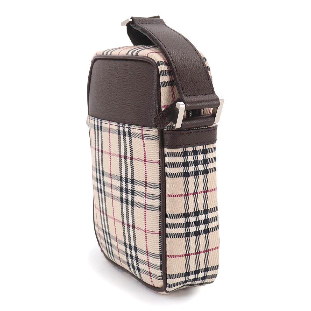 Plaid Shoulder Bag Canvas Leather Beige Brown Purse