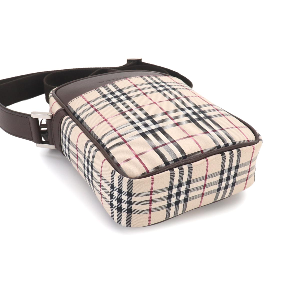 Plaid Shoulder Bag Canvas Leather Beige Brown Purse
