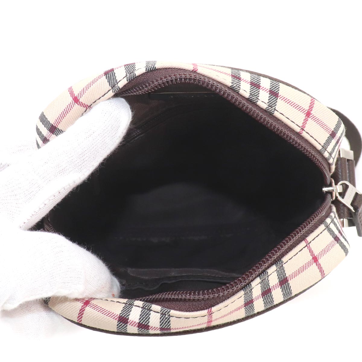 Plaid Shoulder Bag Canvas Leather Beige Brown Purse