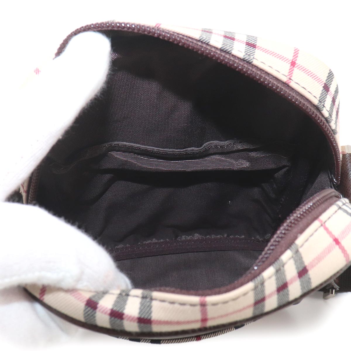 Plaid Shoulder Bag Canvas Leather Beige Brown Purse