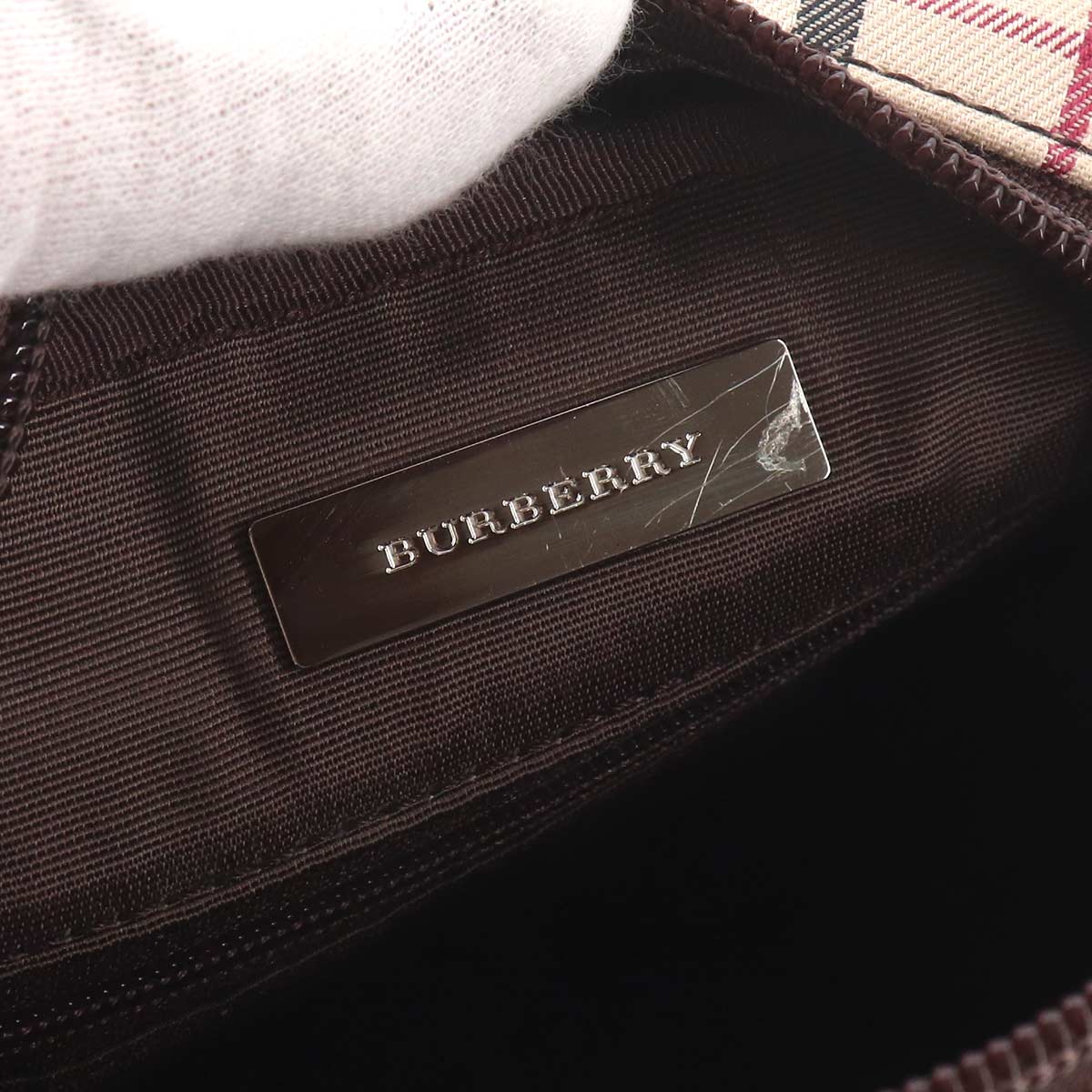 Plaid Shoulder Bag Canvas Leather Beige Brown Purse