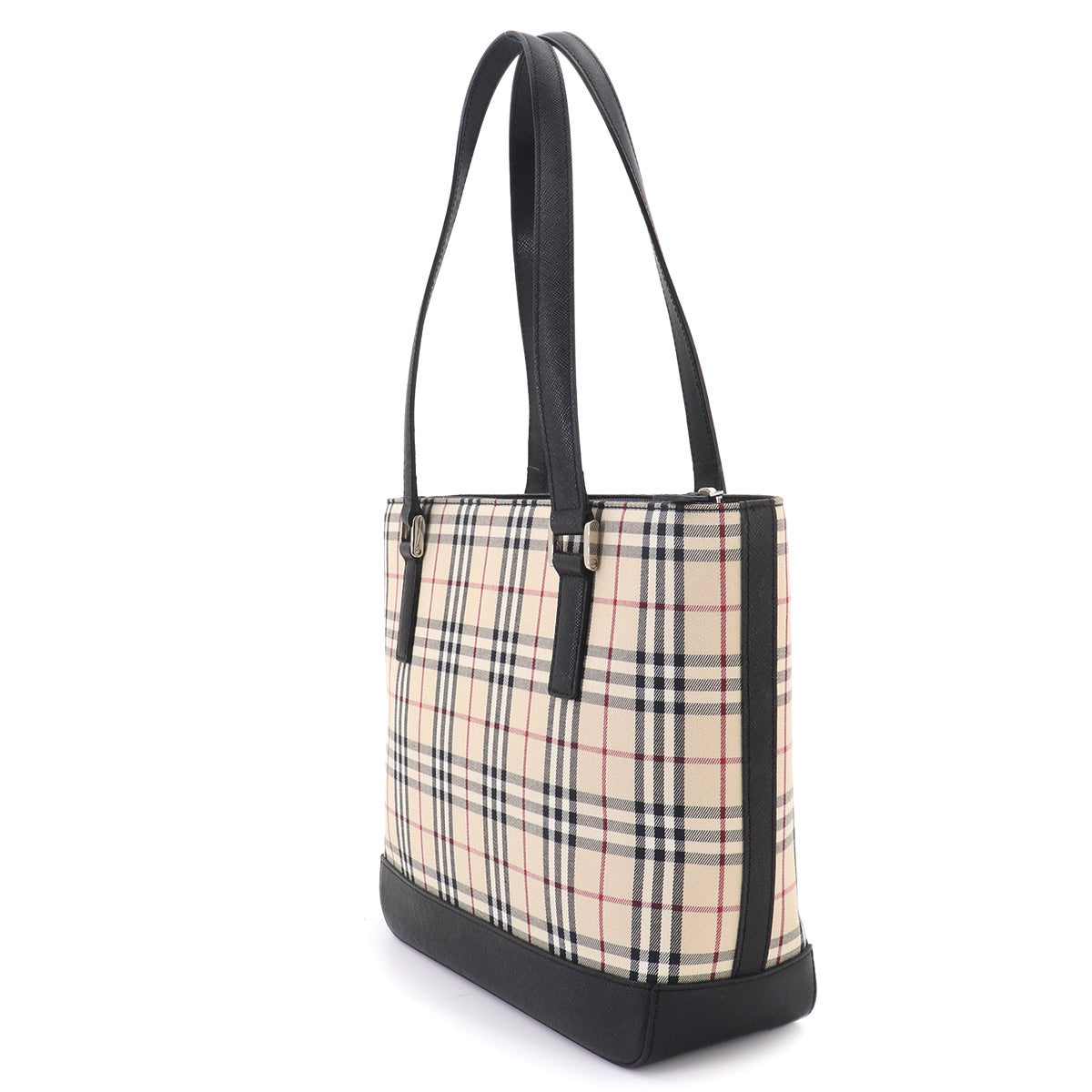 Plaid Hand Bag Canvas Leather Beige Black Purse