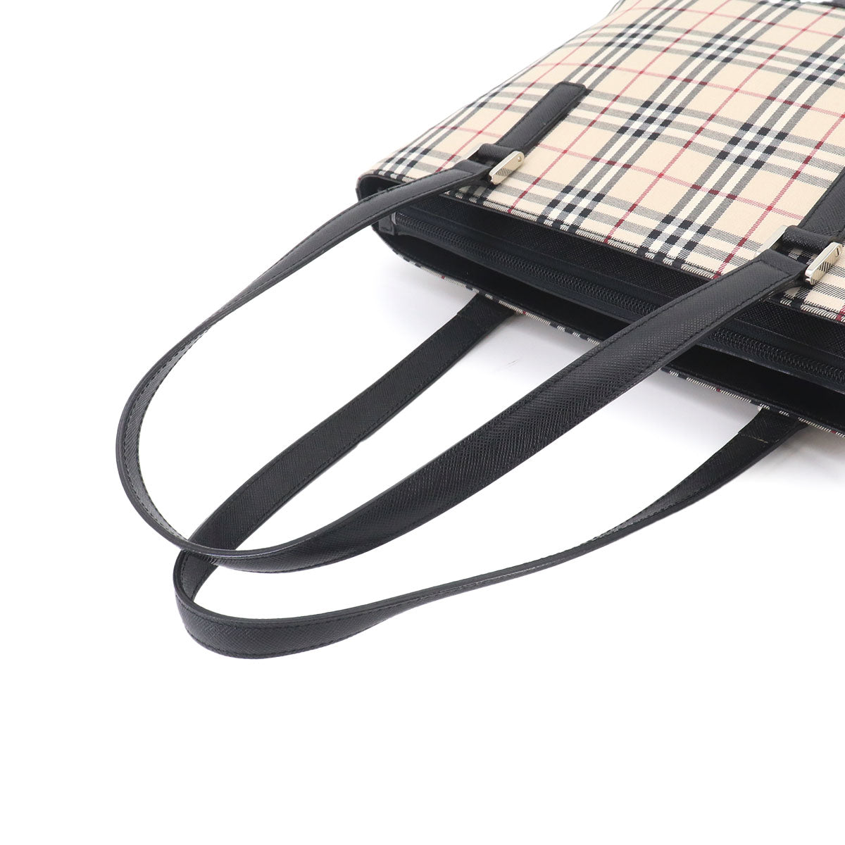 Plaid Hand Bag Canvas Leather Beige Black Purse