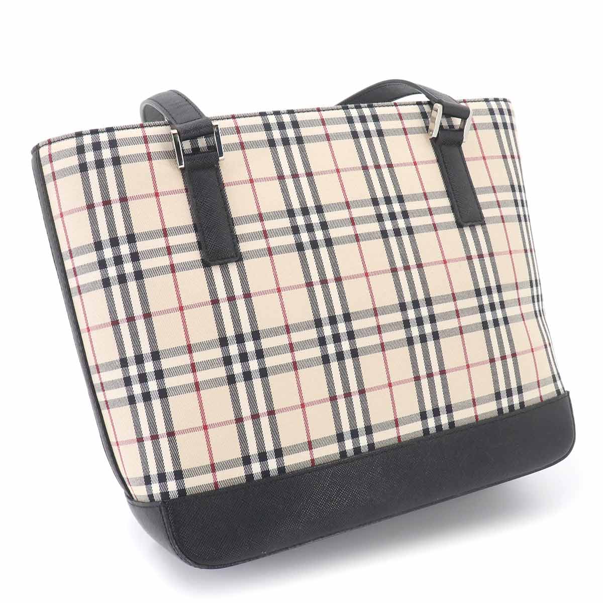 Plaid Hand Bag Canvas Leather Beige Black Purse