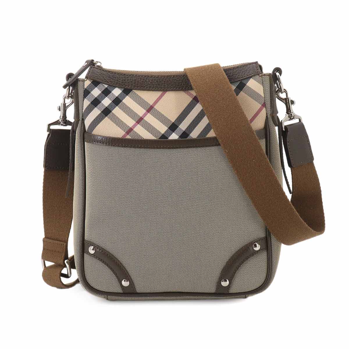 Plaid Shoulder Bag Canvas Leather Beige Brown Purse